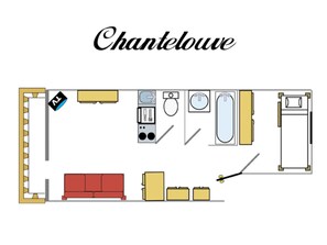 Planta baixa do hotel Chantelouve, mostrando uma sala de estar com sofá, uma cozinha com pia e fogão, um banheiro com banheira e vaso sanitário, e uma pequena área de jantar.