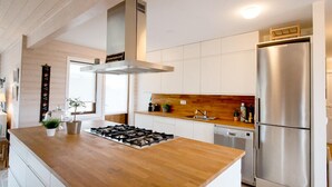 A modern kitchen with a central island, stainless steel appliances, and a wooden backsplash. - Odinsve Country Home (Selfoss)