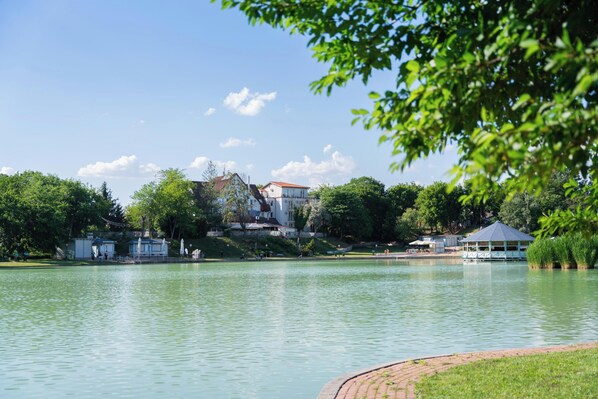 A lake with a gazebo and a house in the background. - Bagoly Fogadó (Gyomro)