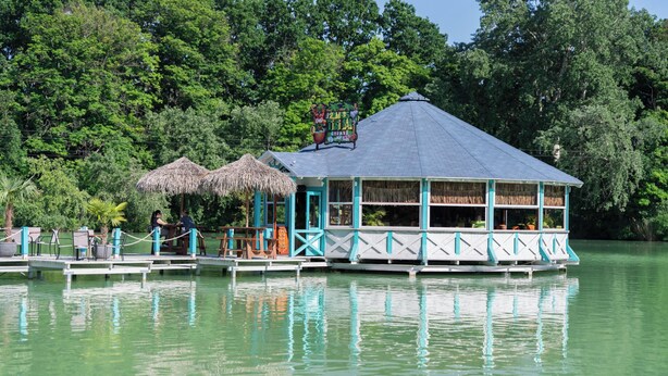 A floating structure with a thatched roof and a covered seating area, surrounded by water and greenery. - Bagoly Fogadó (Gyomro)