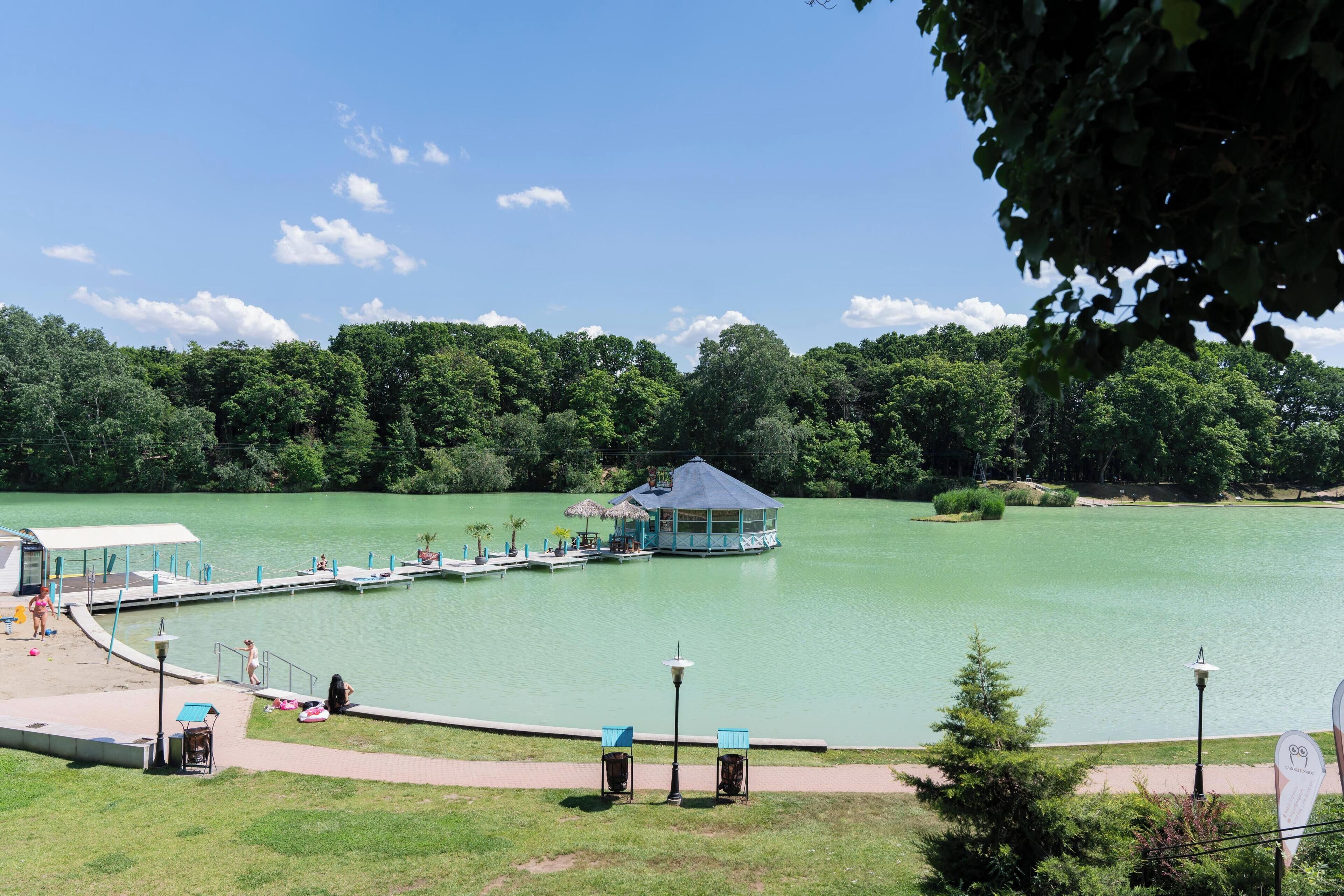 A lakeside park with a gazebo, a dock, and a walking path.