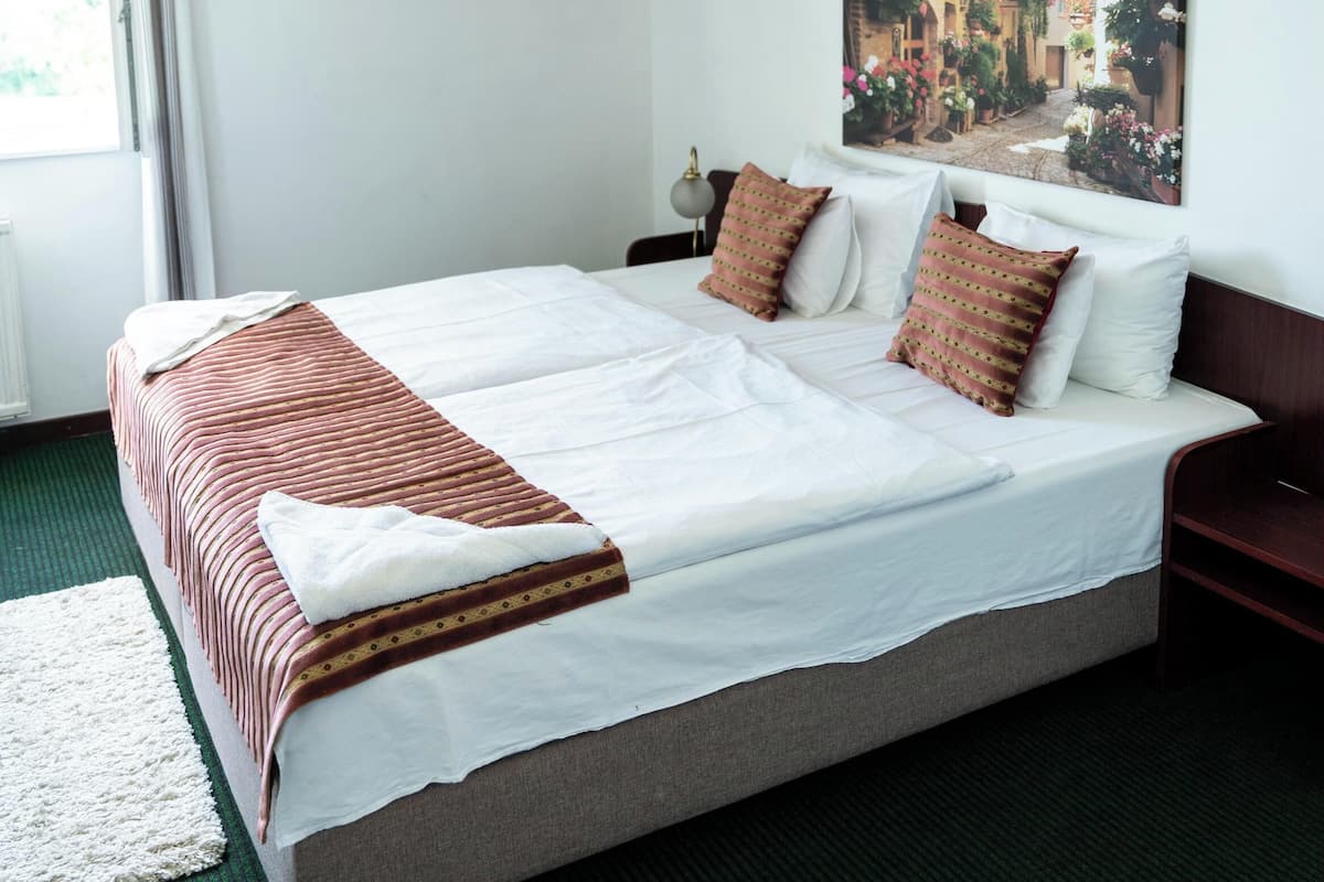 A bedroom with a large bed, wooden ceiling, and a painting on the wall.