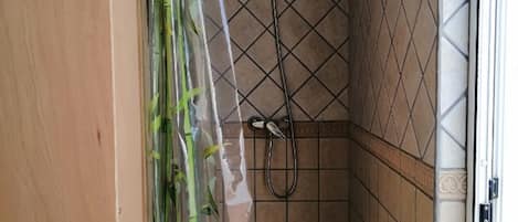 Shower, hair dryer, towels