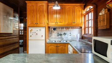 Een koelkast, een magnetron, een oven, een koffiezetapparaat/waterkoker