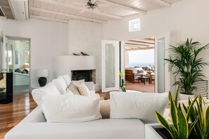 Smart TV, fireplace, DVD player, books
