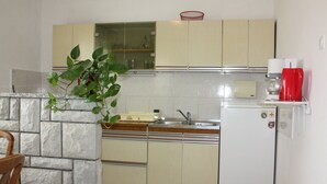 Eine kompakte Küche mit einer Wand in Steinoptik, einem Spülbecken, einem Kühlschrank und einer kleinen Arbeitsplatte.