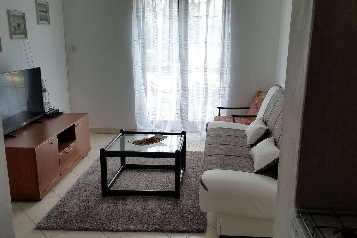 A living room with a TV, a glass coffee table, a sofa, and a window with sheer curtains.