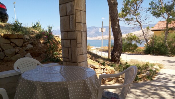 A table with a polka dot tablecloth, two white plastic chairs, a stone wall, a tree, and a view of mountains and water.
