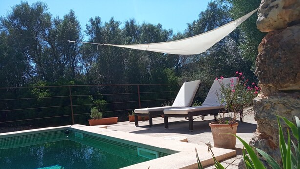 A swimming pool with lounge chairs and potted plants. - Spectacular country house, centenary, with pool in Sencelles. (Cas Canar)