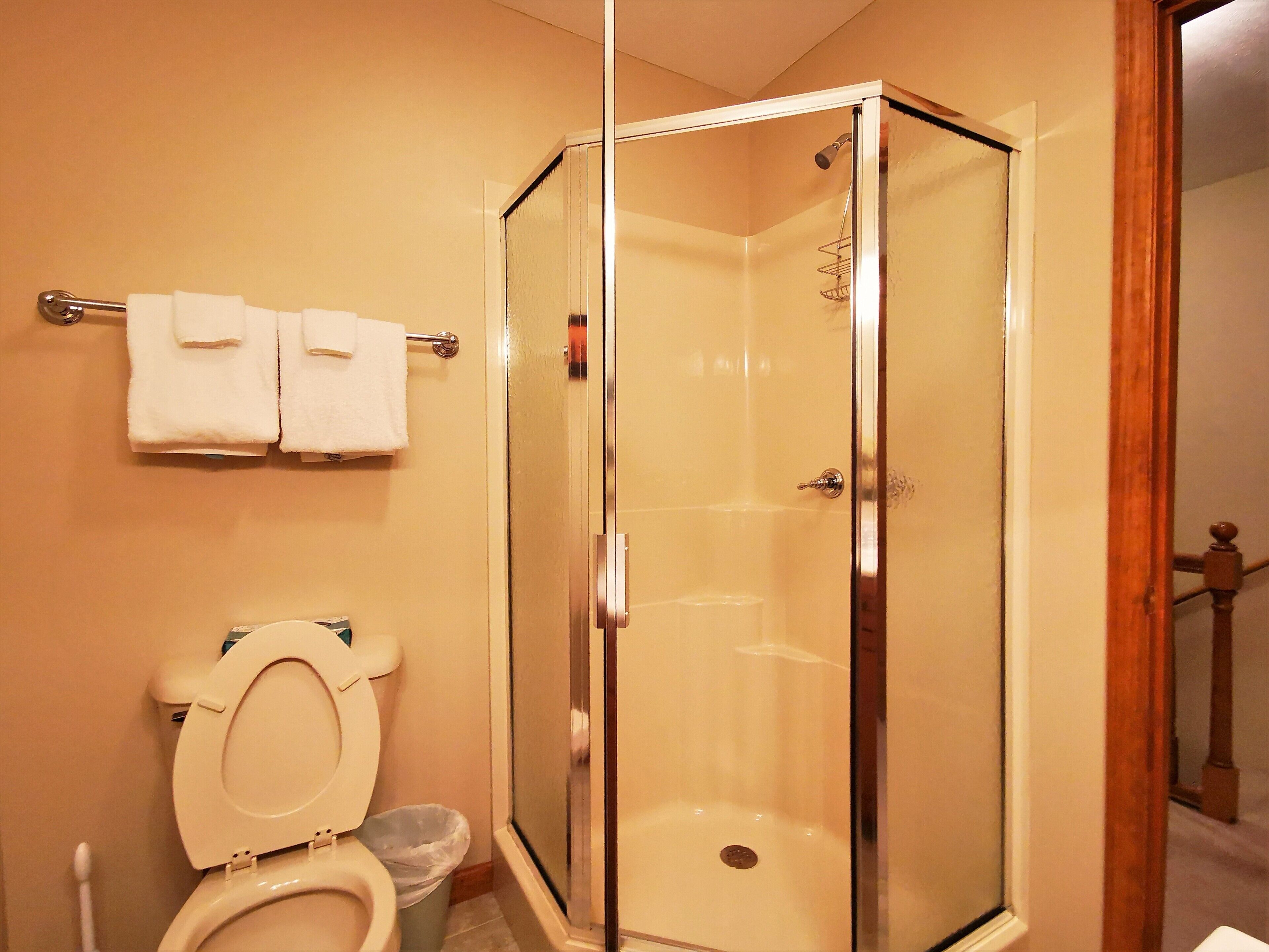 Bathtub, jetted bath, hair dryer, towels