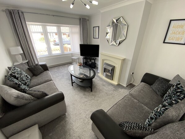 Smart TV, fireplace, DVD player, books