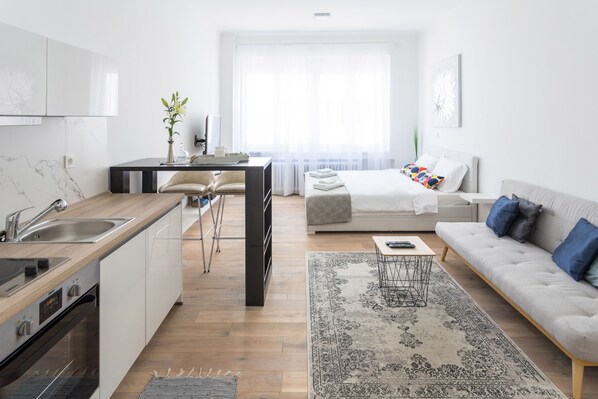 Apartment (0 Bedroom) | Eigene KĂŒche | KĂŒhlschrank, Ofen, Herdplatte, Wasserkocher