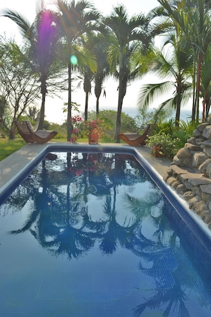 A swimming pool with a stone wall and palm trees in the background. - Splendid Serviced Guest House Ocean View Montezuma (Cóbano)