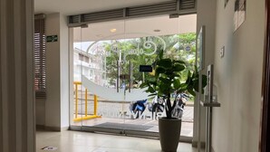 A hotel entrance with a glass door, a potted plant, and a yellow handrail. - Colón Plaza Hotel (Tumaco)