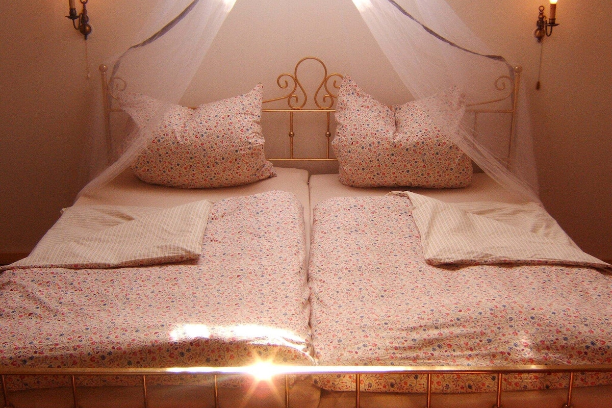 A double bed with a floral bedspread, two matching pillows, and a canopy.