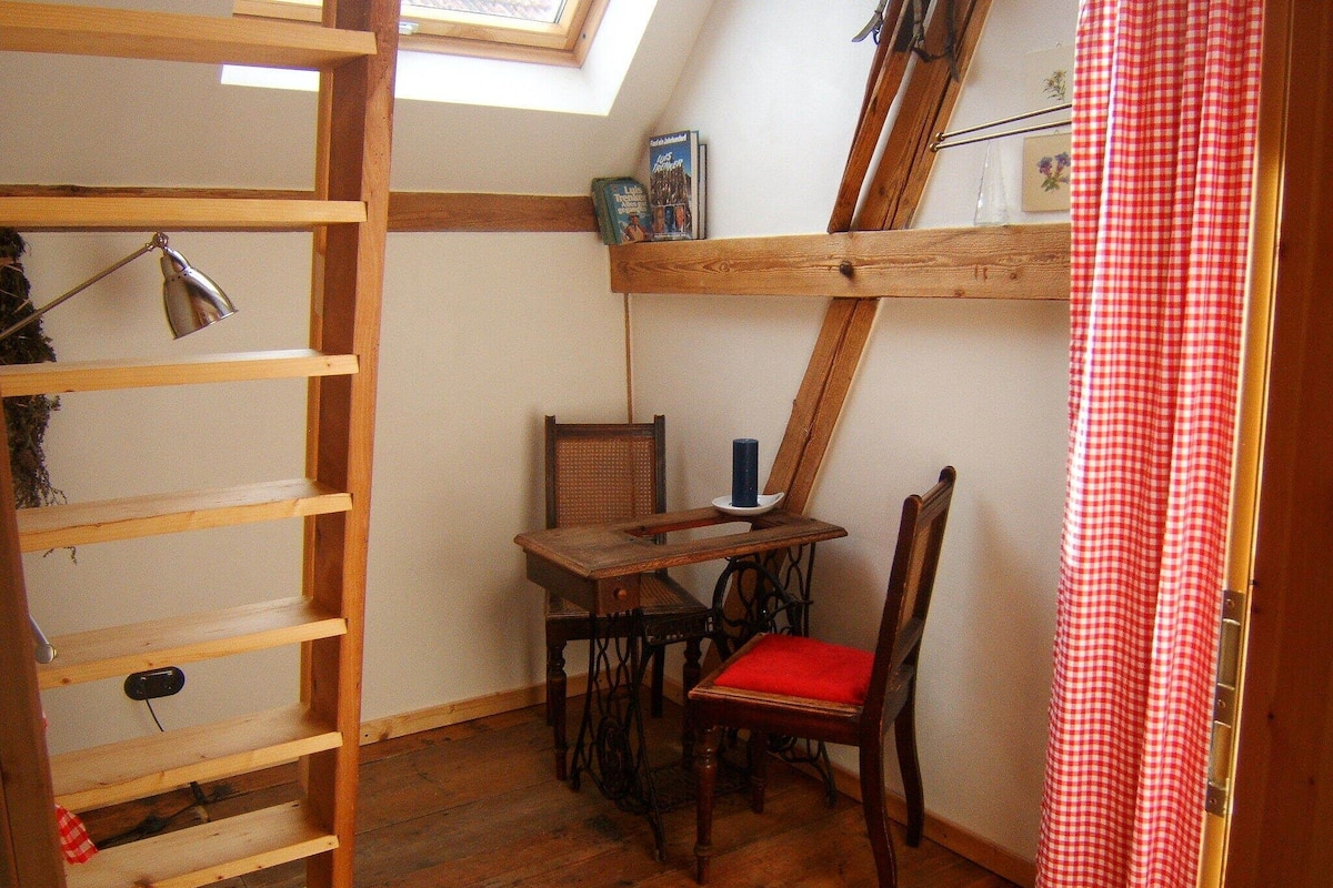 A cozy room with a sloped ceiling, a wooden desk, a chair, and a ladder.