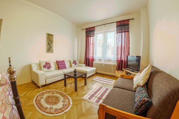 TV, DVD player, video library