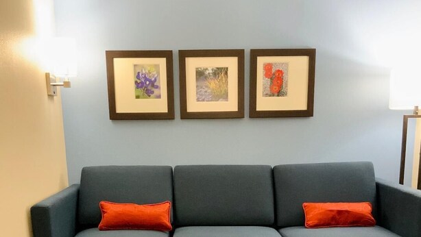 A modern living room with a sectional sofa, a brown ottoman, and three framed pictures on the wall.