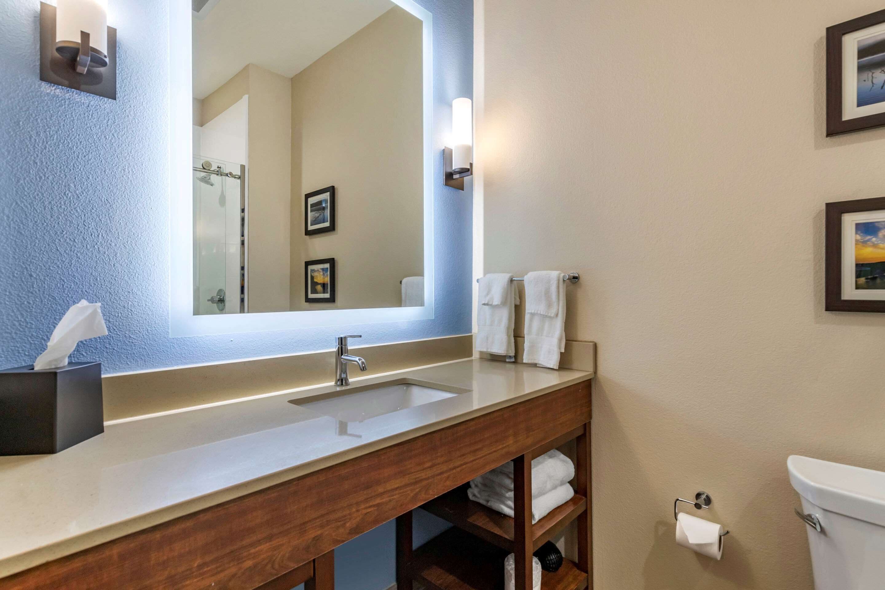 Een badkamer met een grote spiegel, een wastafel, een toilet en een handdoekrek.