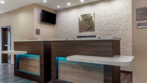Un mostrador de recepción de diseño moderno, con un televisor montado y una pared texturizada al fondo.