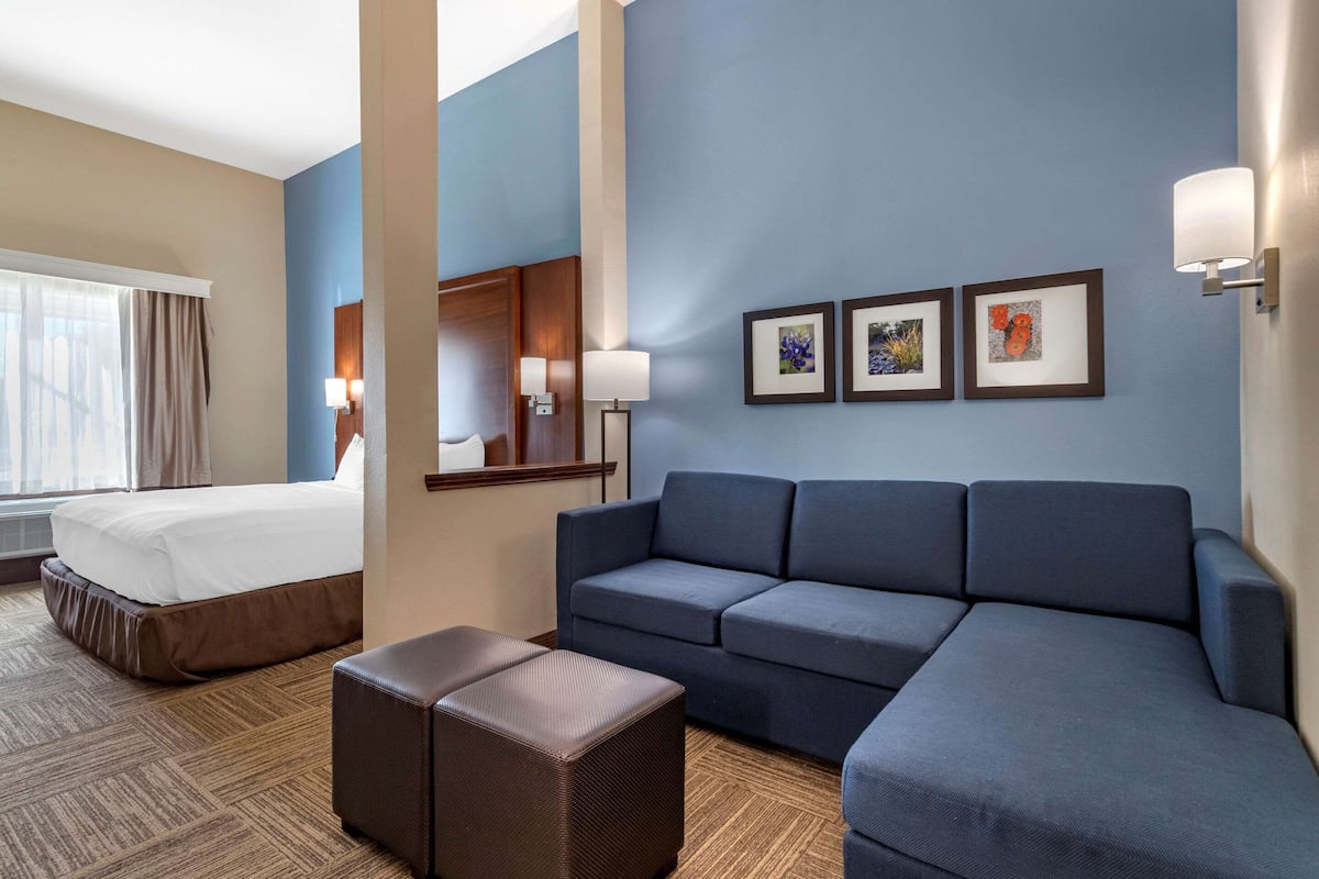 Habitación de hotel con cama, sofá, un pequeño otoman y cuadros en la pared.
