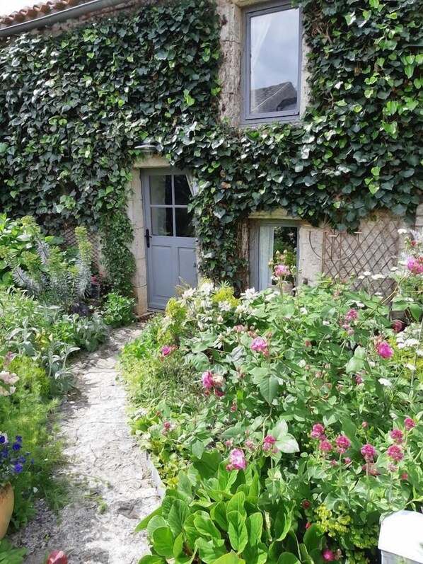 Una casa con un camino de jardín que lleva a una puerta, rodeada de abundante vegetación y plantas en flor.