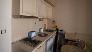 Una cocina compacta con tostadora, un lavabo y un refrigerador.