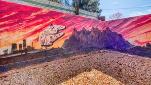 A mural of a spaceship and mountains on a wall. - Adorable 2 BR at the heart of town! (Las Cruces)