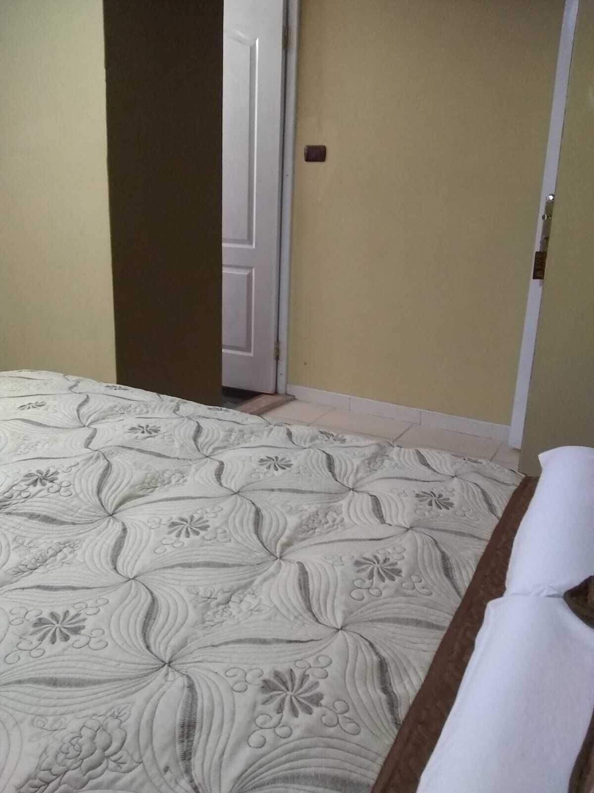 A bedroom with a bed, a door, and a wall with a light switch.