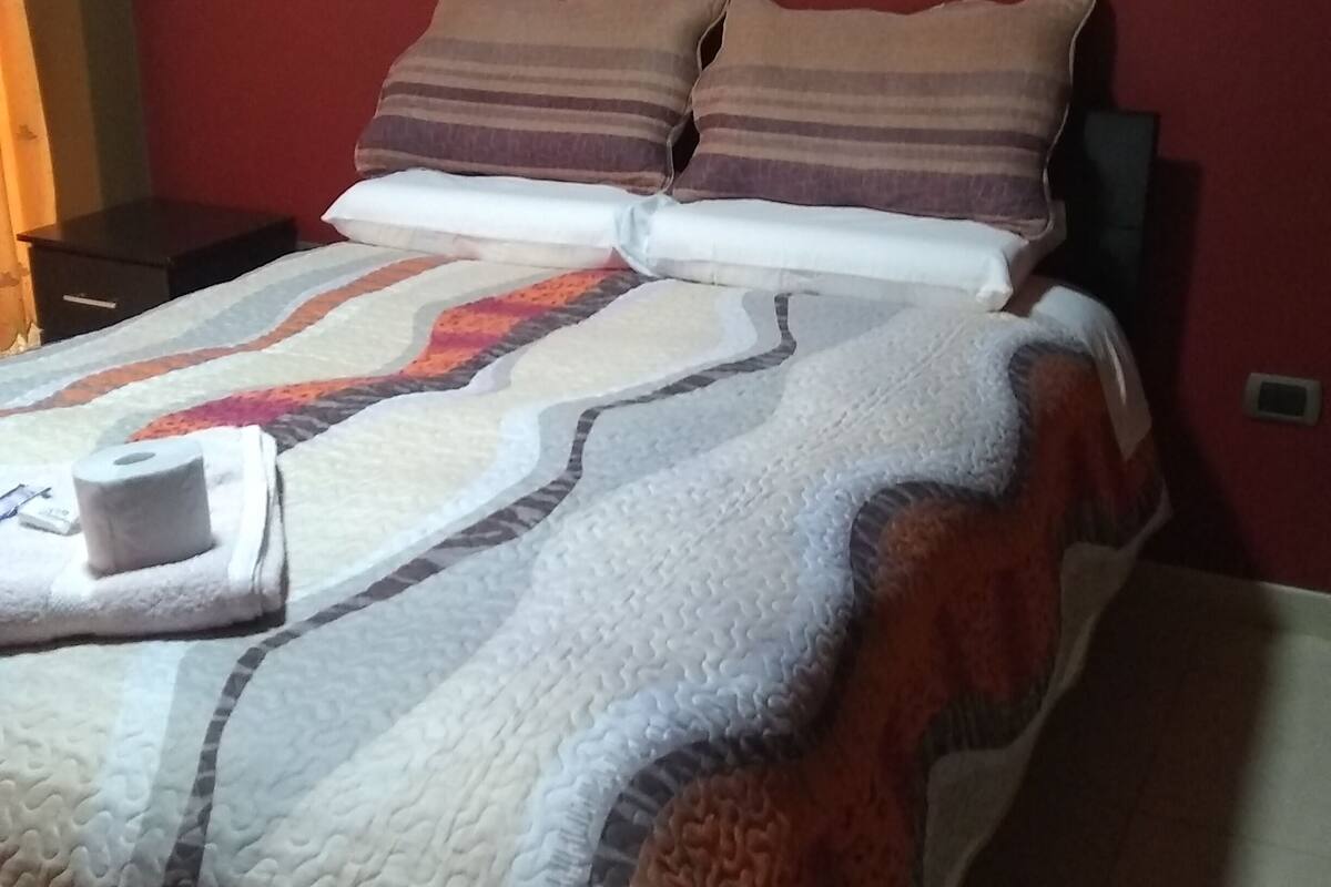 Una cama bien hecha con almohadas a rayas y una colcha estampada, una mesita de noche pequeña con una caja de pañuelos y una pared roja.