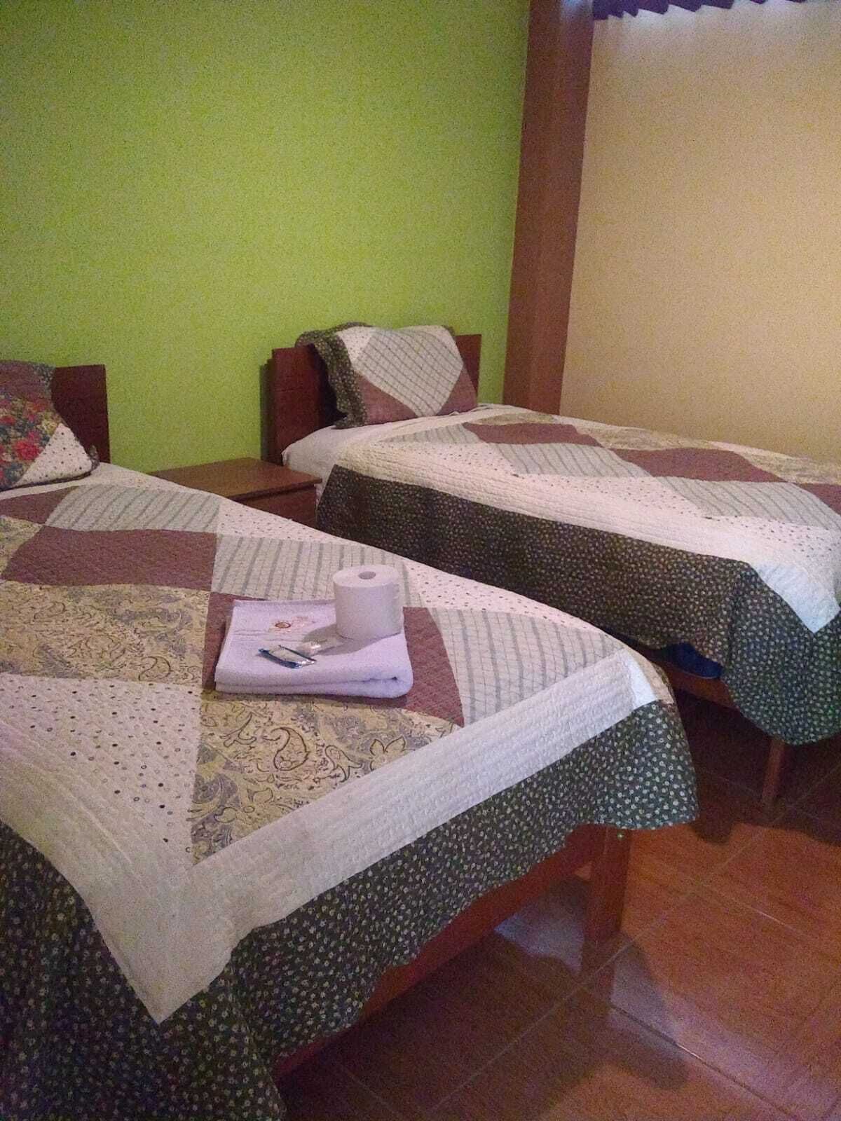 Twee eenpersoonsbedden met dekens, een klein tafeltje met een rol toiletpapier en een pen, en een groene wand.