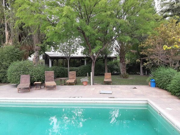 Seasonal outdoor pool, pool loungers