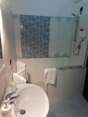 Een douche, een haardroger, een bidet, handdoeken