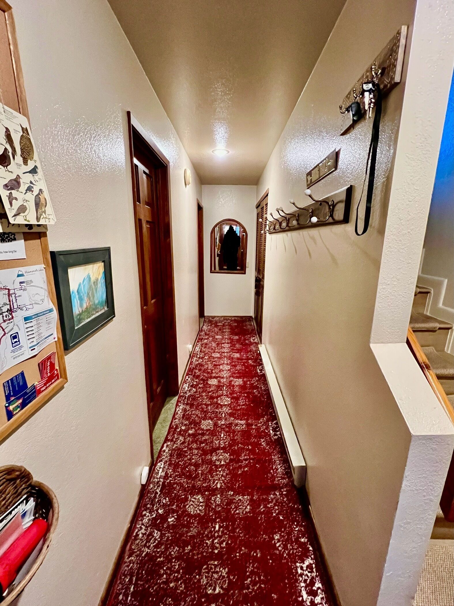 A hallway with a red carpet, wooden doors, and wall-mounted decorations including a bird illustration and a framed picture.
