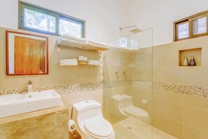Shower, hair dryer, towels, soap