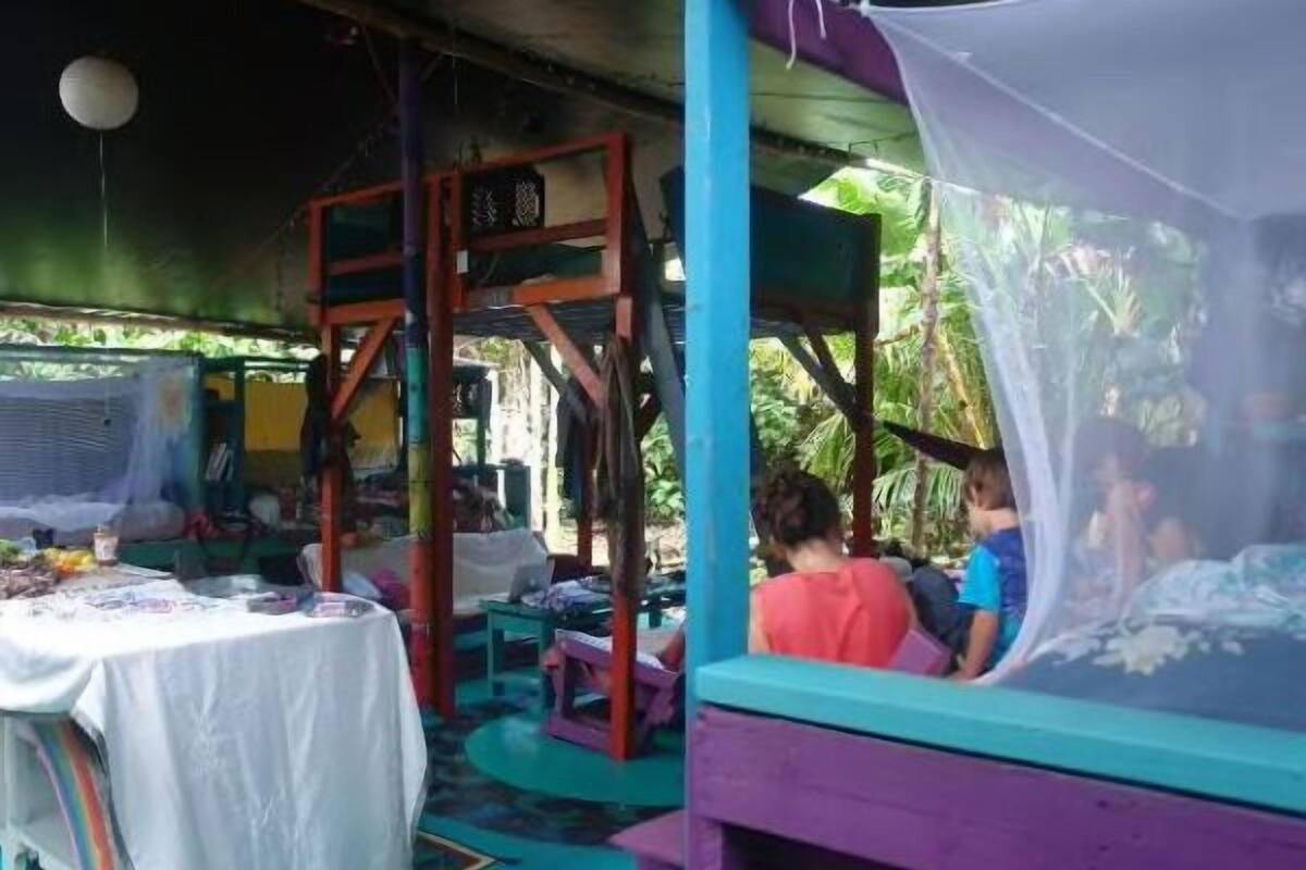 Une pièce avec un lit, une table sur laquelle se trouvent divers objets, et une fenêtre donnant sur un paysage verdoyant.