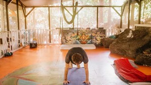 A person performing a yoga pose on a mat in a room with a mural, a white fence, and a large rock.