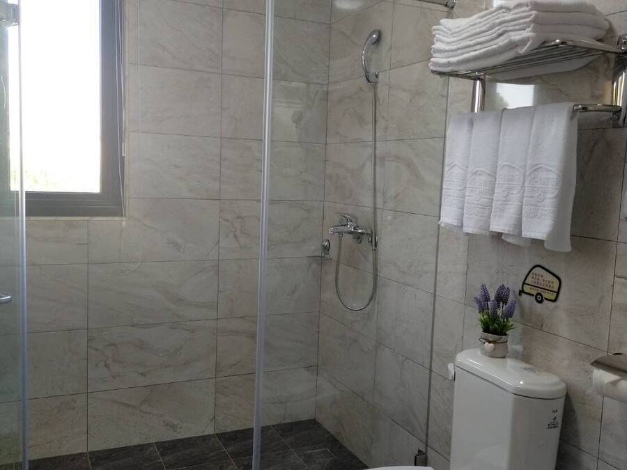A modern bathroom with a glass-enclosed shower, a toilet, and a sink.