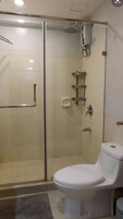 Un baño con ducha de vidrio, inodoro y barra para toallas.
