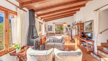 Televisie, een open haard, een dvd-speler en een stereo