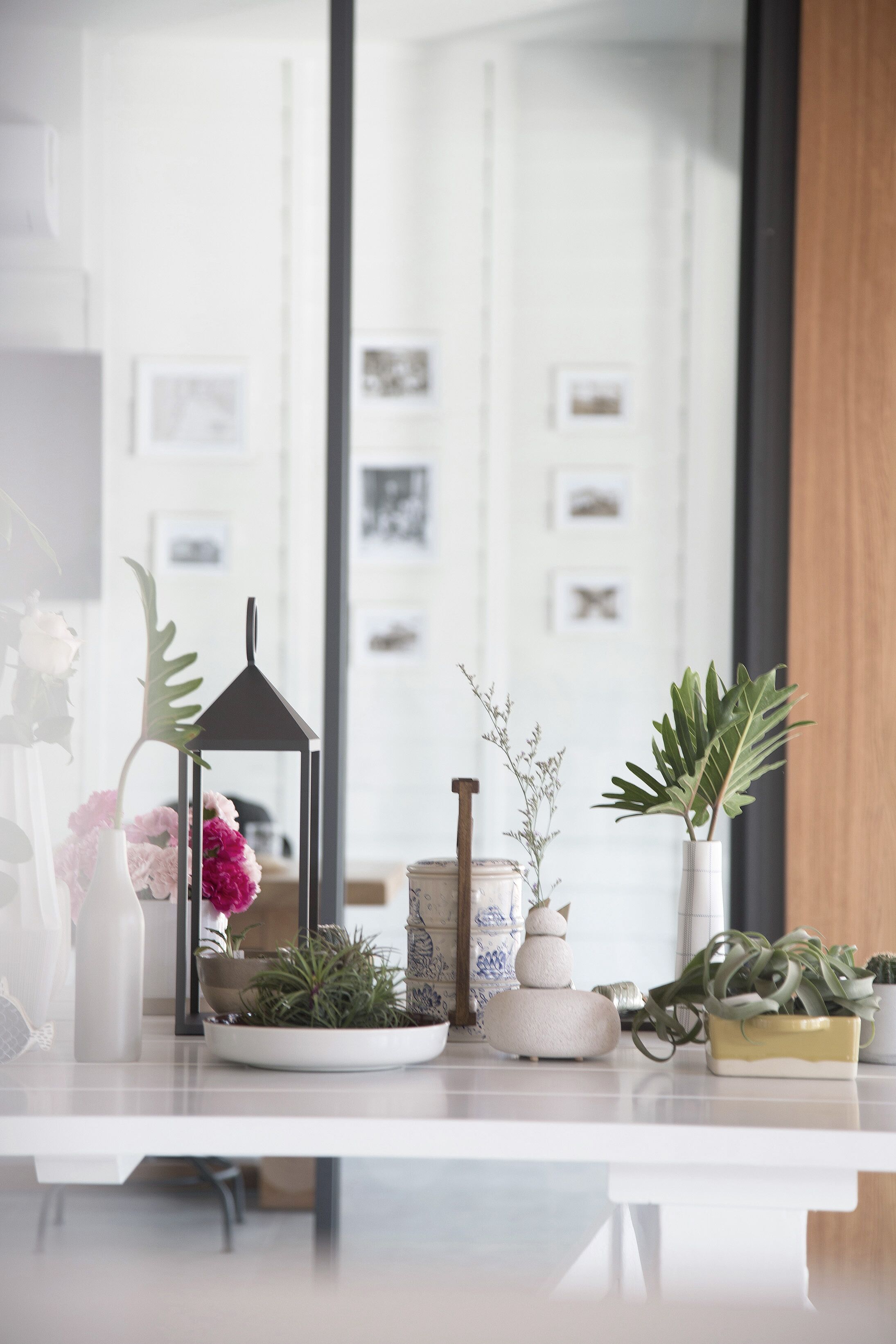 A clean, modern kitchen with white countertops, a black hanging light fixture, and various potted plants and decorative items.