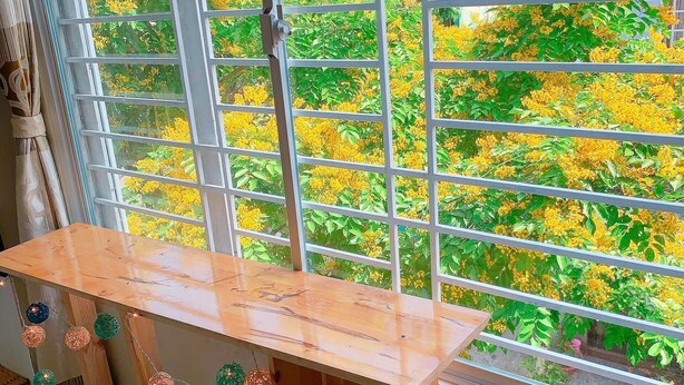 Ein Holztisch mit Blick auf einen Garten durch ein Fenster mit Metallgitter.