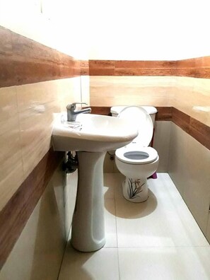 A bathroom with a pedestal sink, a toilet, and a shower area.