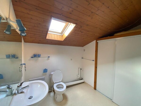 Une petite salle de bain compacte, dotée d’un puits de lumière, d’un lavabo, de toilettes et d’un miroir.