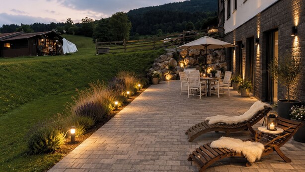 A patio with outdoor furniture, a stone wall, and a view of a hillside. - Apartment Katarina (Fieberbrunn)