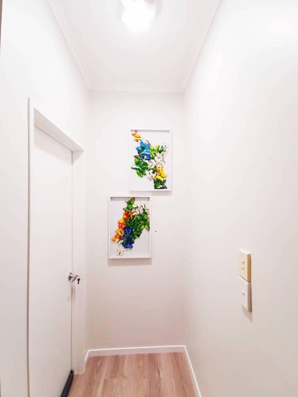 Een gang met een witte deur, een lichtschakelaar en twee wanddecoraties met bloemen.