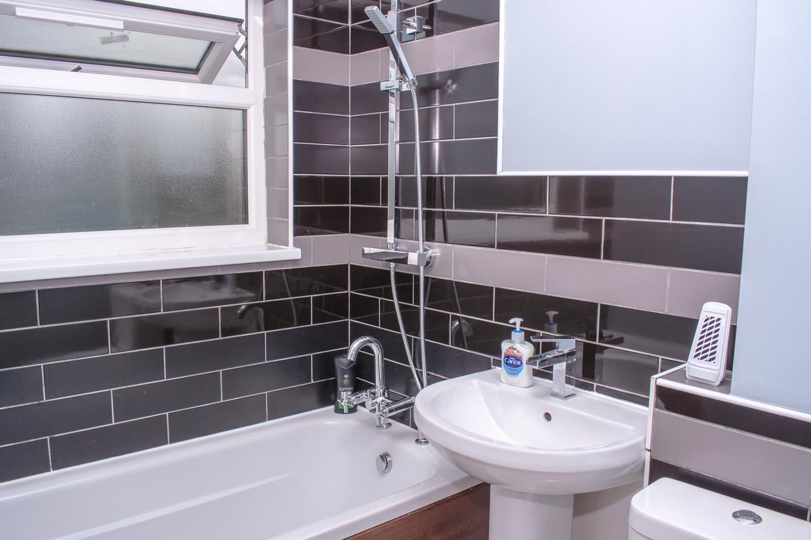 Combined shower/tub, towels, toilet paper