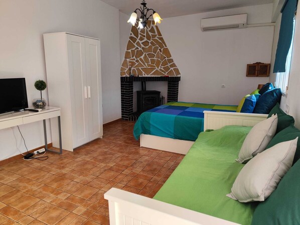 A bedroom with a bed, a TV, a wardrobe, a fireplace, and a window.