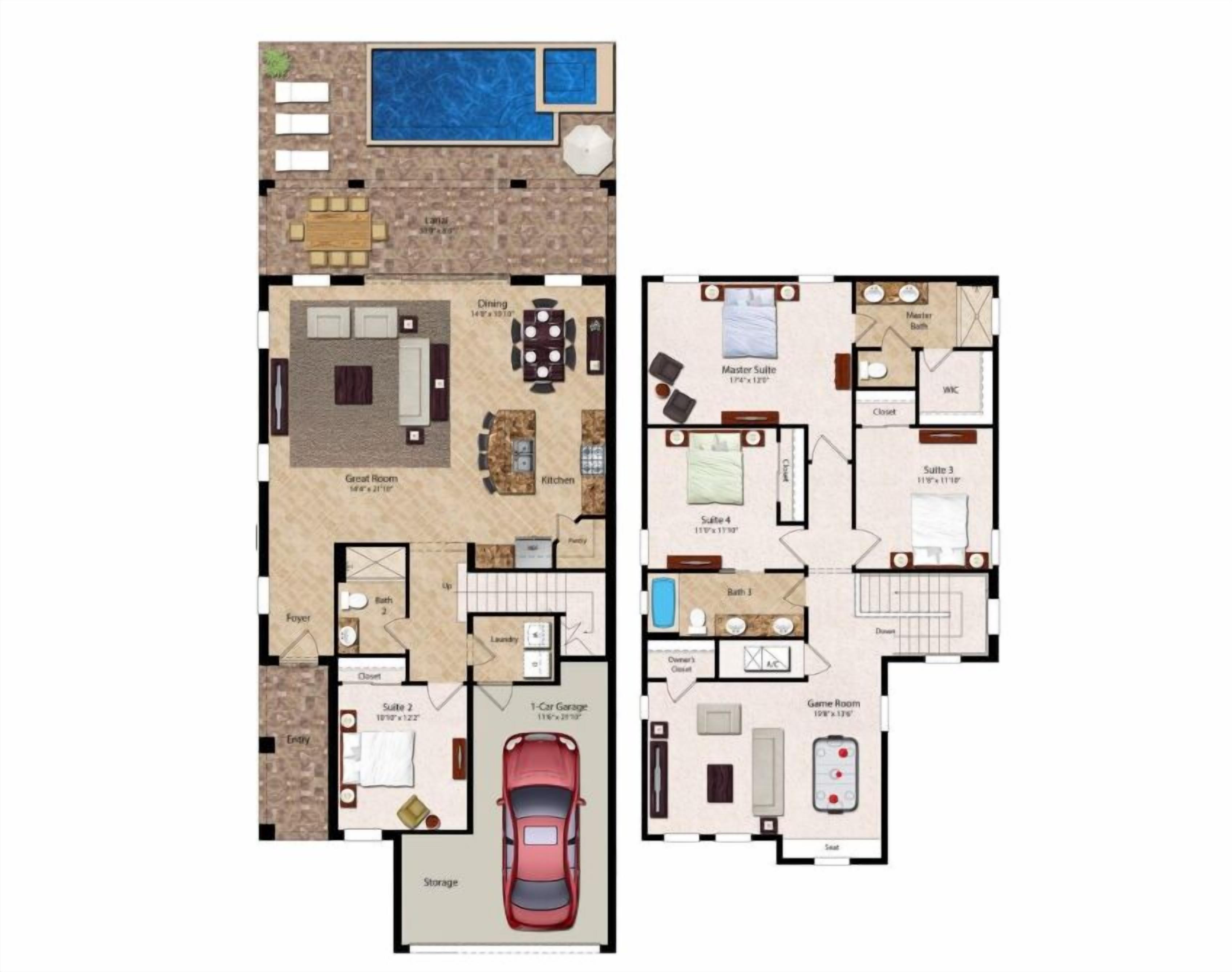 Een plattegrond van een hotel met een zwembad, meerdere slaapkamers, een eetruimte en een garage.