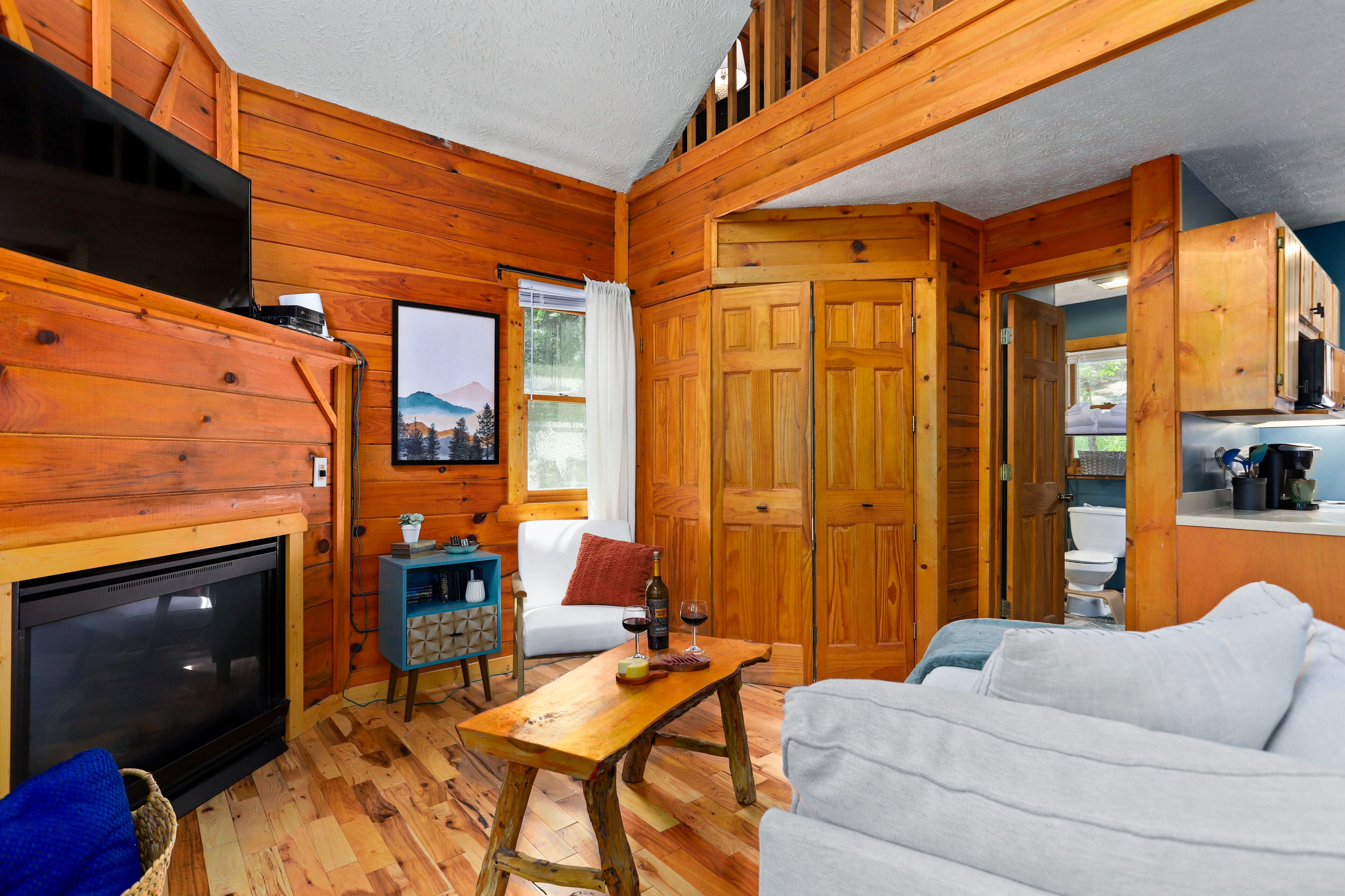 Smart-TV, Kamin, Bücher, Videothek